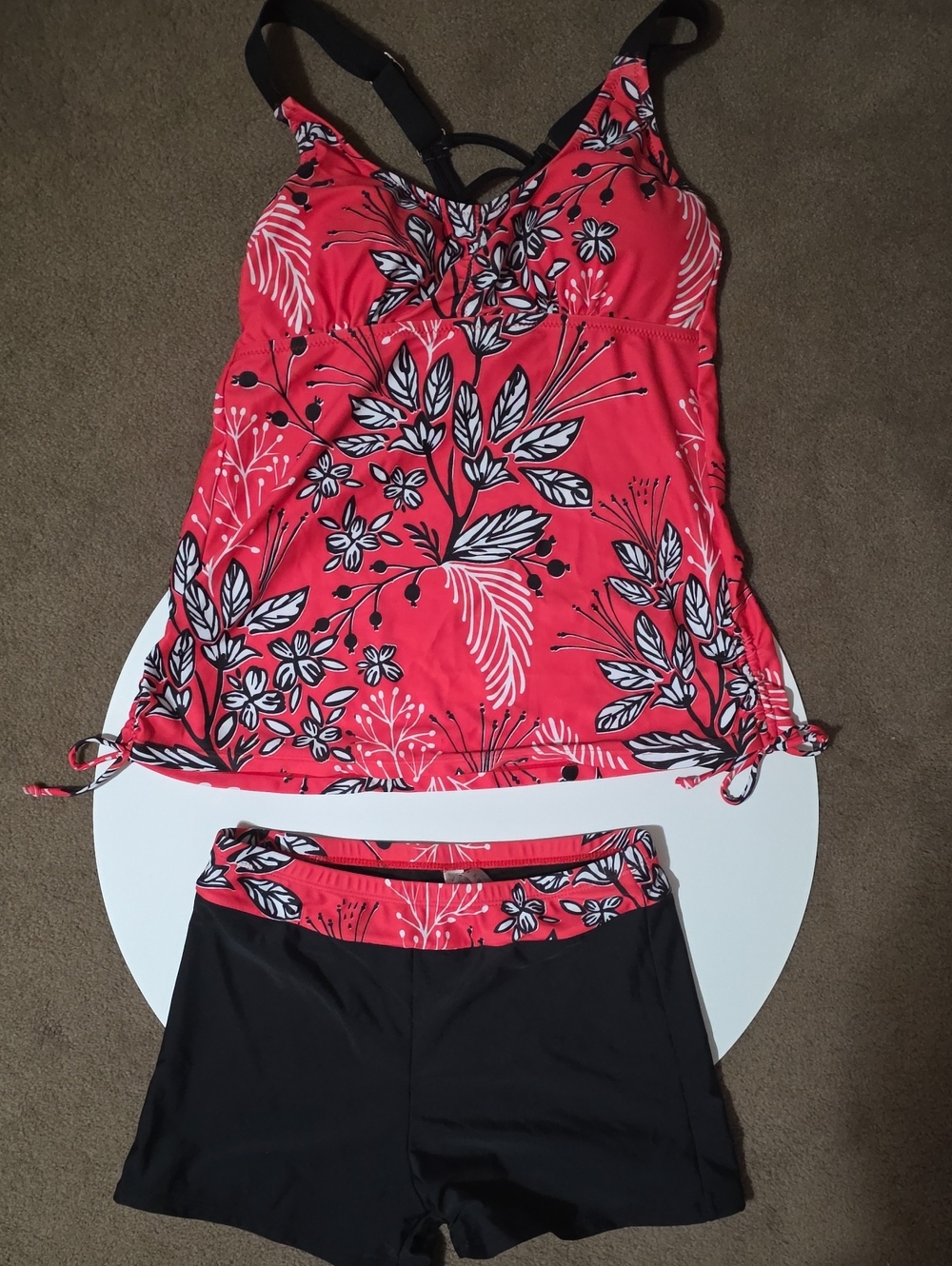Women’s Floral Red Tankini Swim with Black Straps